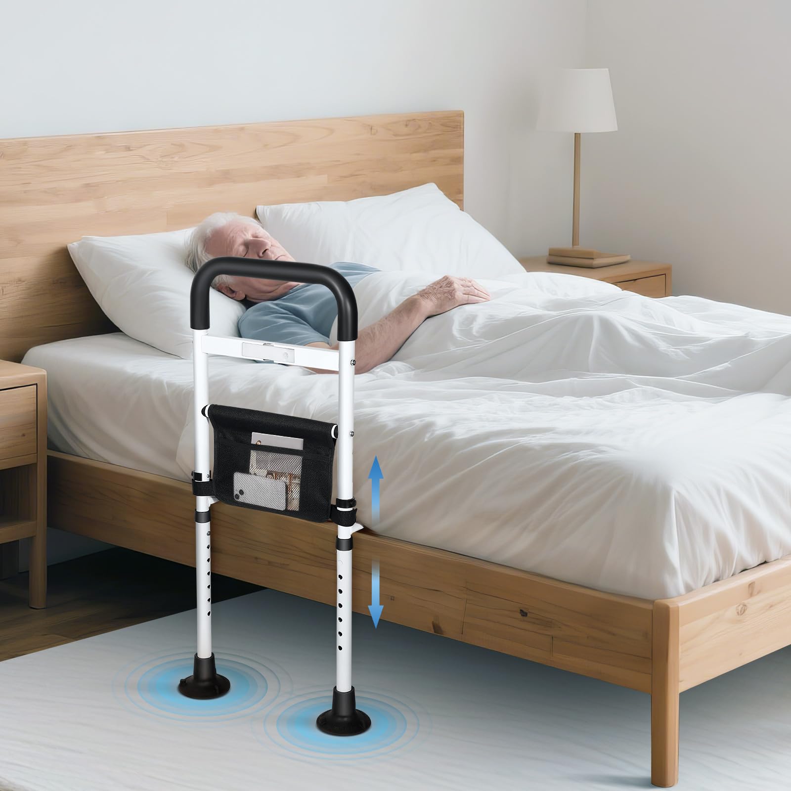 Griglia da letto per adulti anziani con lampada, manico antiscivolo regolabile, telaio in acciaio stabile, facile da installare, custodia per riporre – sicurezza e supporto per anziani