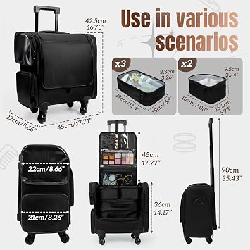 Rolling Makeup Train Case, Professional Makeup Organiser Case, Large Travel Cosmetic Organizer Make Up Storage Bag Trolley for Artist, Hairstylist, Vanity Beauty Box with 5 Toiletry Bags