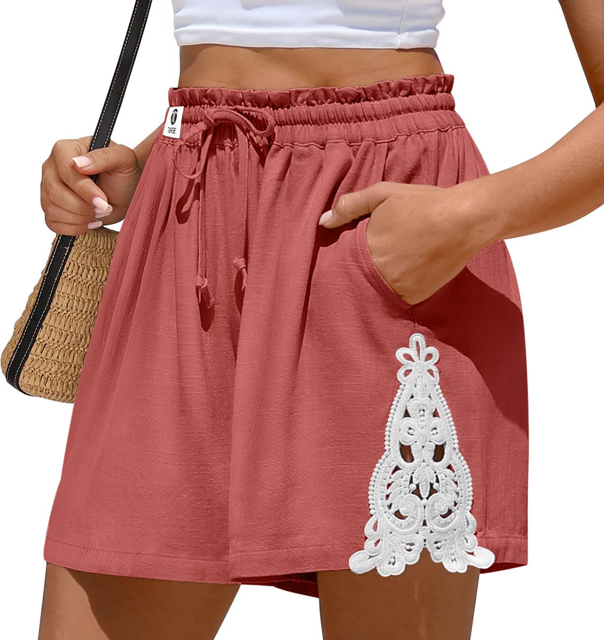 TARSE Womens Linen Shorts Elastic Waist Drawstring Lace Trim Casual Summer Lounge Beach Shorts with Pocket
