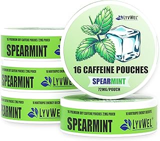 LyvWel 72mg Caffeine Energy Pouches – Spearmint – Refreshing Mint Energy with Guarana – 5-Pack (80 Total Pouches)