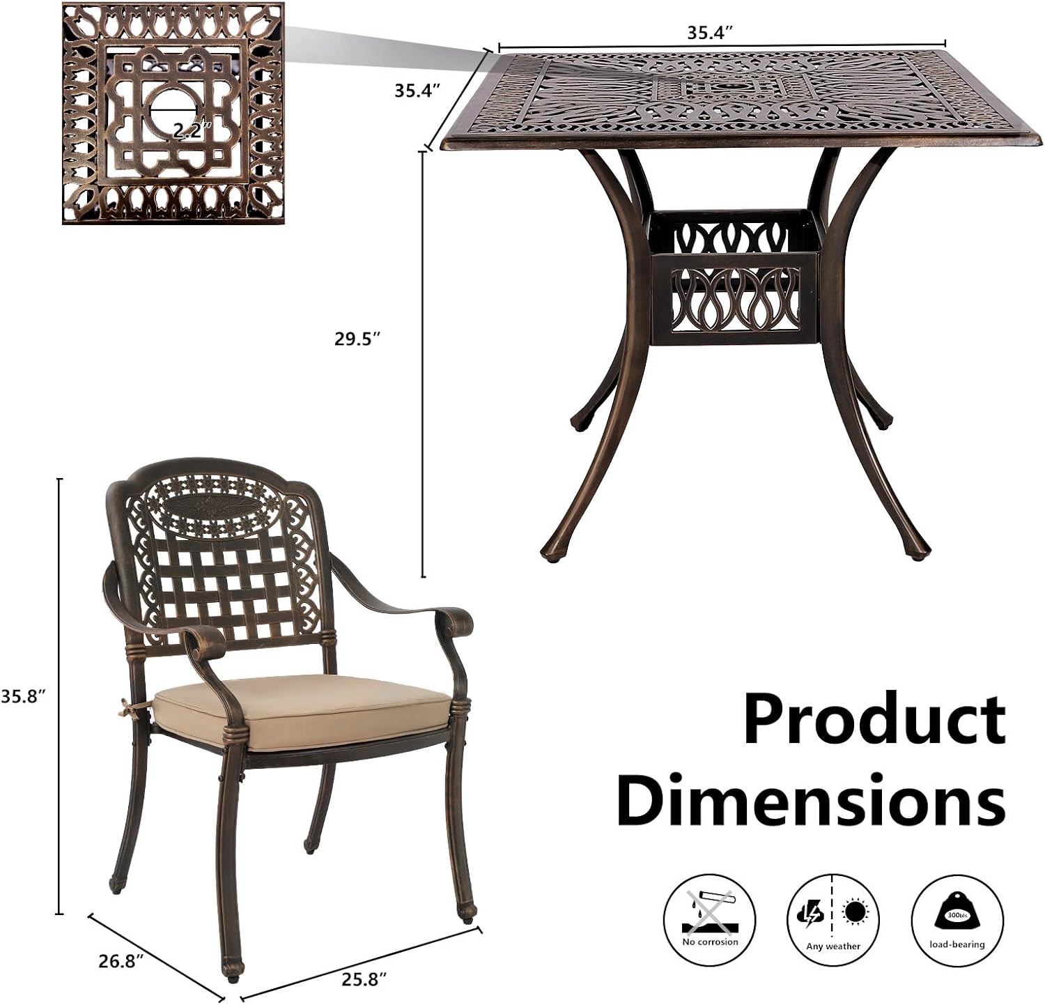 Grepatio 5 Piece Cast Aluminum Patio Dining Set Outdoor Furniture Set Patio Garden Set with 4 Mesh Ding Chairs, 4 Khaki Cushions and 35.4" Square Patio Table 2.4" Umbrella Hole, Antique Bronze