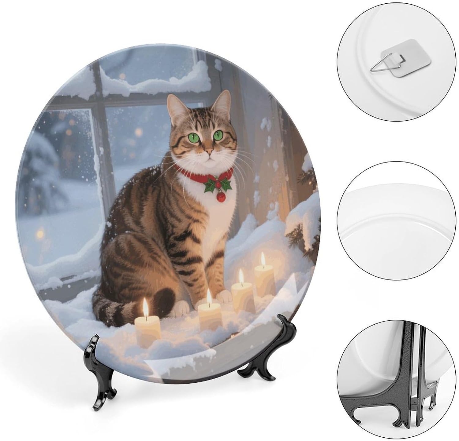 Cat by The Christmas Window Decorative Plates Bone China Plates with Stand for Display 10inch Round Ceramic Dinner Plates Dessert Plate for Kitchen Party Coffee Table Decor Art