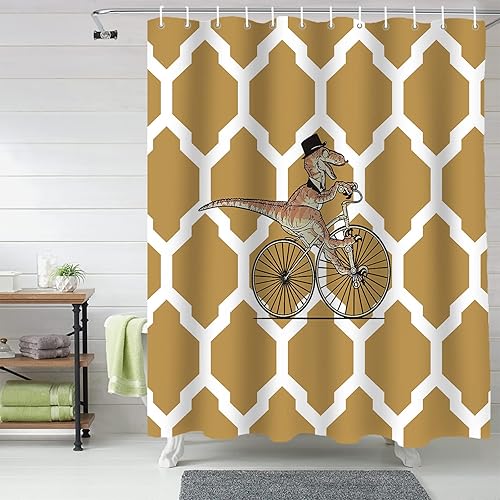 Miniatura 7 de Vandarllin Divertida cortina de ducha con diseño geométrico de dinosaurio para bicicleta, juego de cortinas de ducha para niños con ganchos,