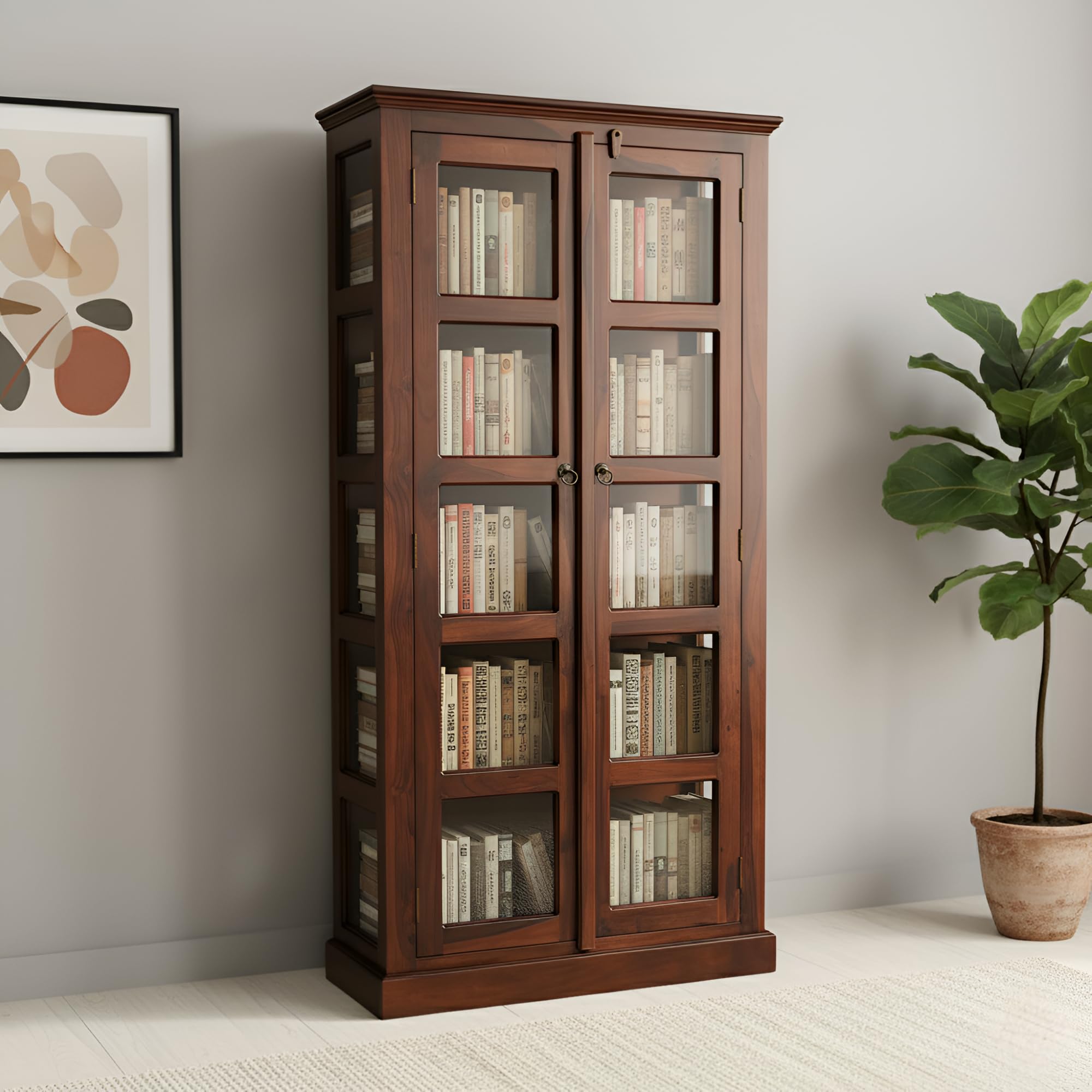 MODERN FURNITURE SHEESHAM Book Shelf Wooden with Door, Bookshelf with Glass Door for Home Library Study Room, Solid Wood Bookcase Wooden Kitchen Crockery Cabinet - Walnut Finish-image-32