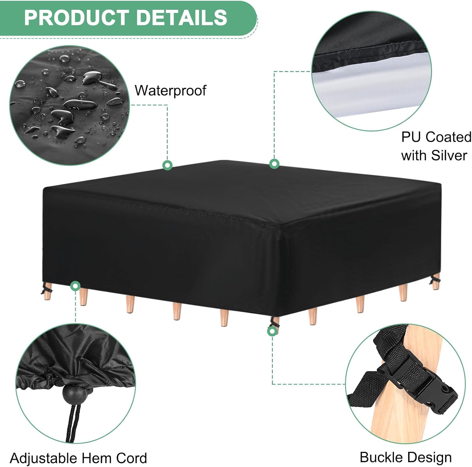 M METERXITY Rectangle Patio Furniture Cover, 84"x 52"x 29" (L x W x H), Black, Waterproof, Polyester