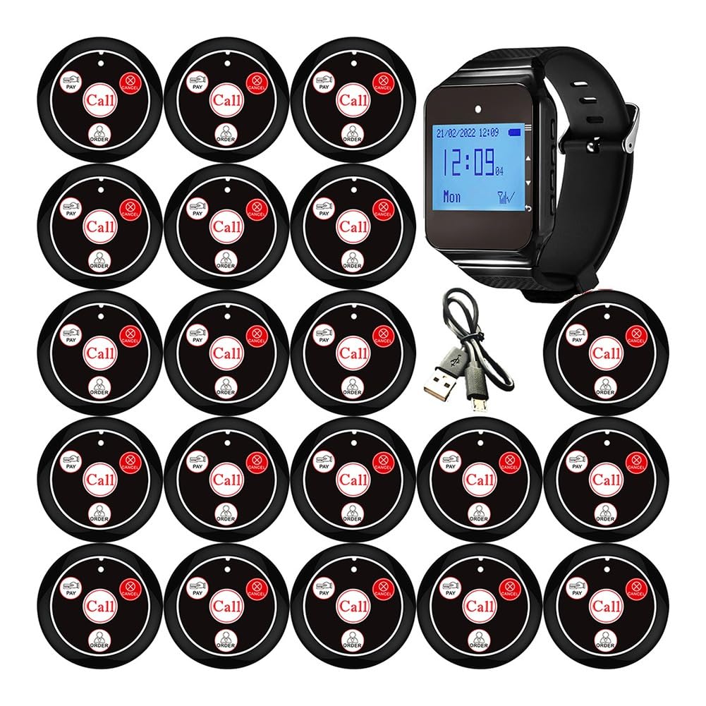 de Llamada Inalámbrica con Buscapersonas para Restaurantes, con Botón de Llamada para Reloj, para Oficinas, Food Trucks, Cafeterías y Restaurantes, Timbre Negro.