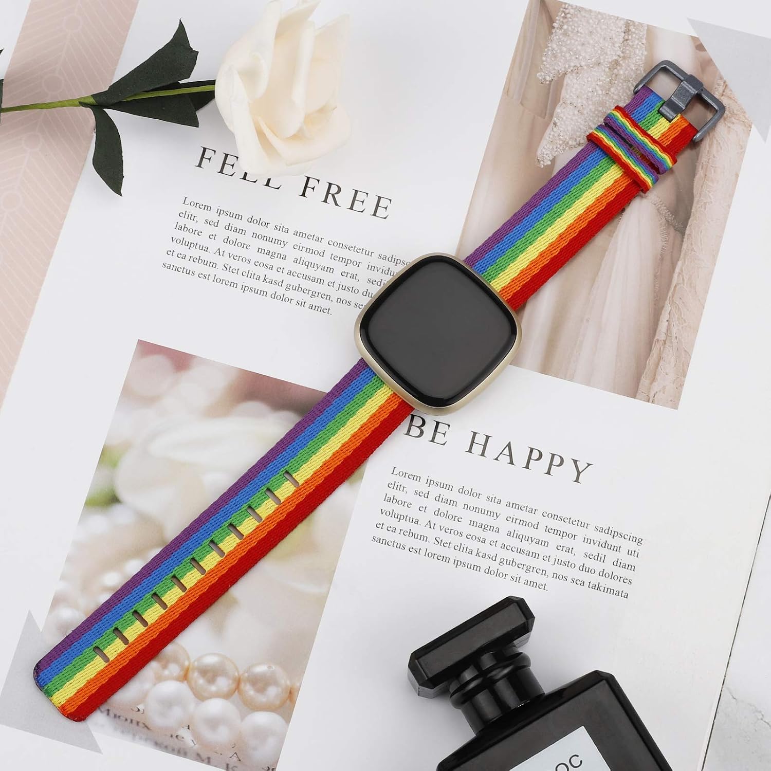 Wearlizer Fabric Bands Compatible with Compatible with Fitbit versa 4/Fitbit versa 3/Fitbit Sense 2/Fitbit Sense for Women Men,Soft Breathable Canvas Watch Strap Adjustable Replacement Wristband for Fitbit Versa 3 Smart Watch-Rainbow