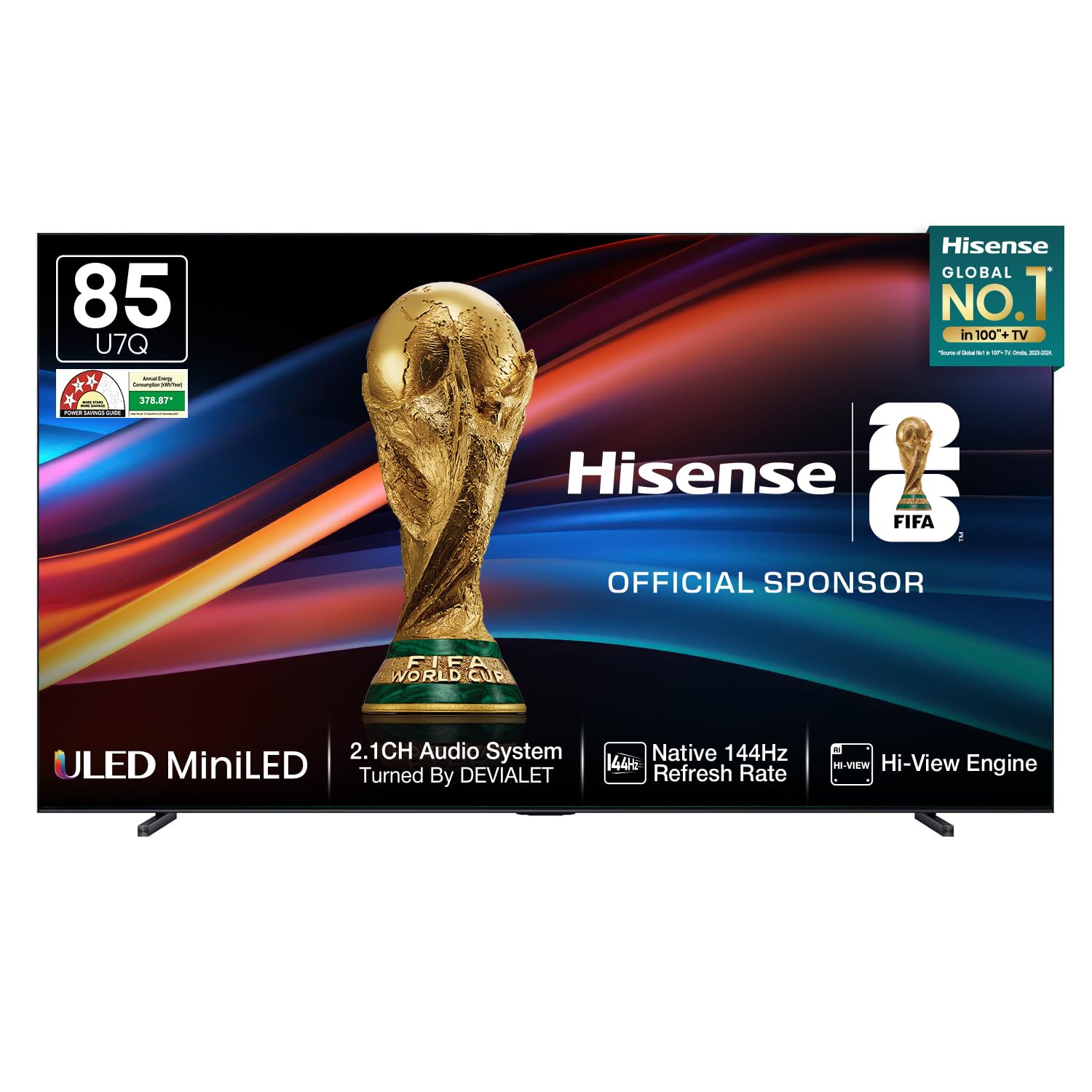 Hisense 215 cm (85 Inches) 4K QLED Mini-LED Smart TV | 1000 NITS peak brightness | 144Hz Game Mode | Dolby Vision IQ & Dolby Atmos | 2.1 CH 50W Speakers (Built-in Subwoofer) | VIDAA OS | 85U7Q (Black)