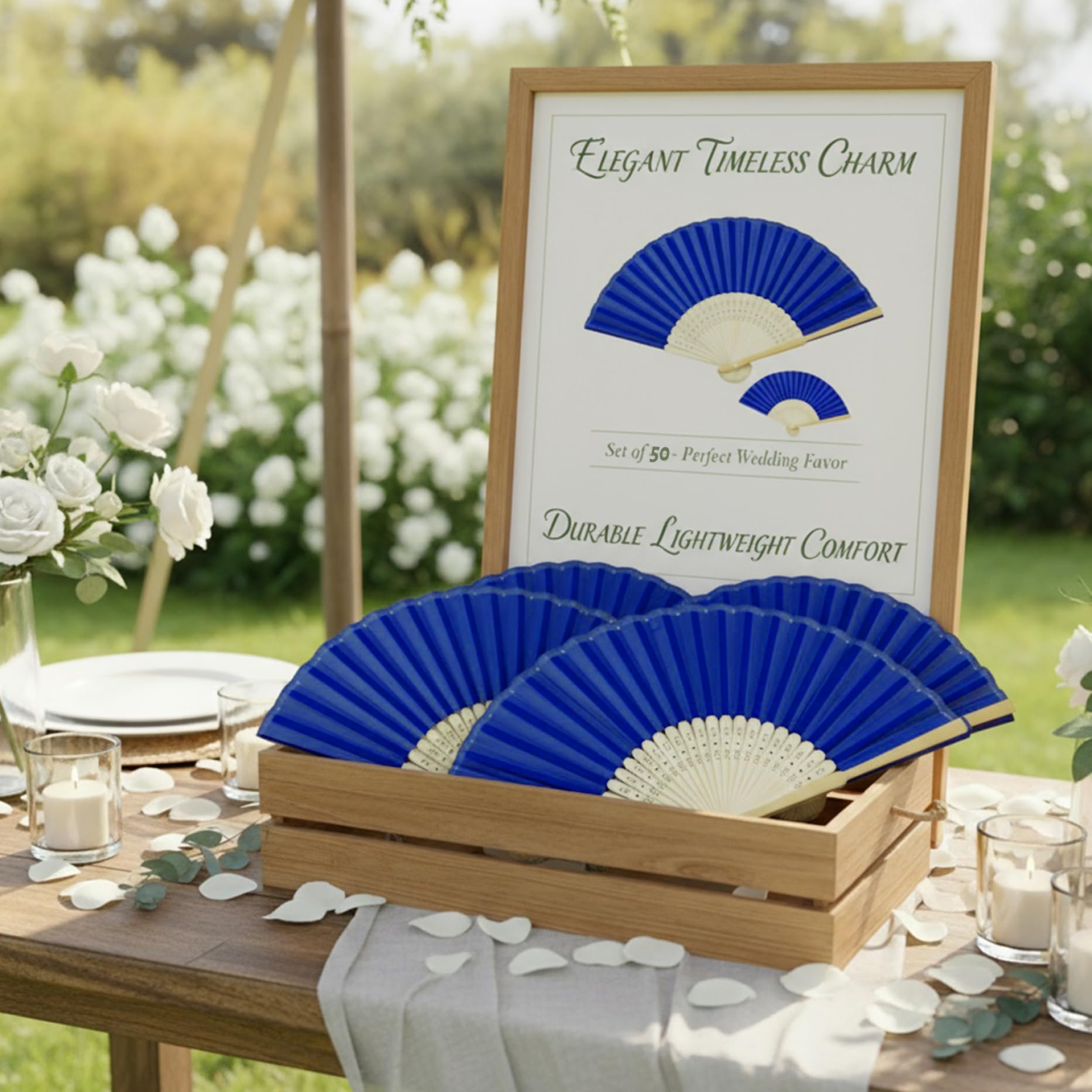 50 Stück Blaue Faltbare Handfächer Hochzeitsfächer für Gäste, chinesischer Bambusfächer 8, 3 Zoll gefaltet, traditionelle Handfächerdekorationen