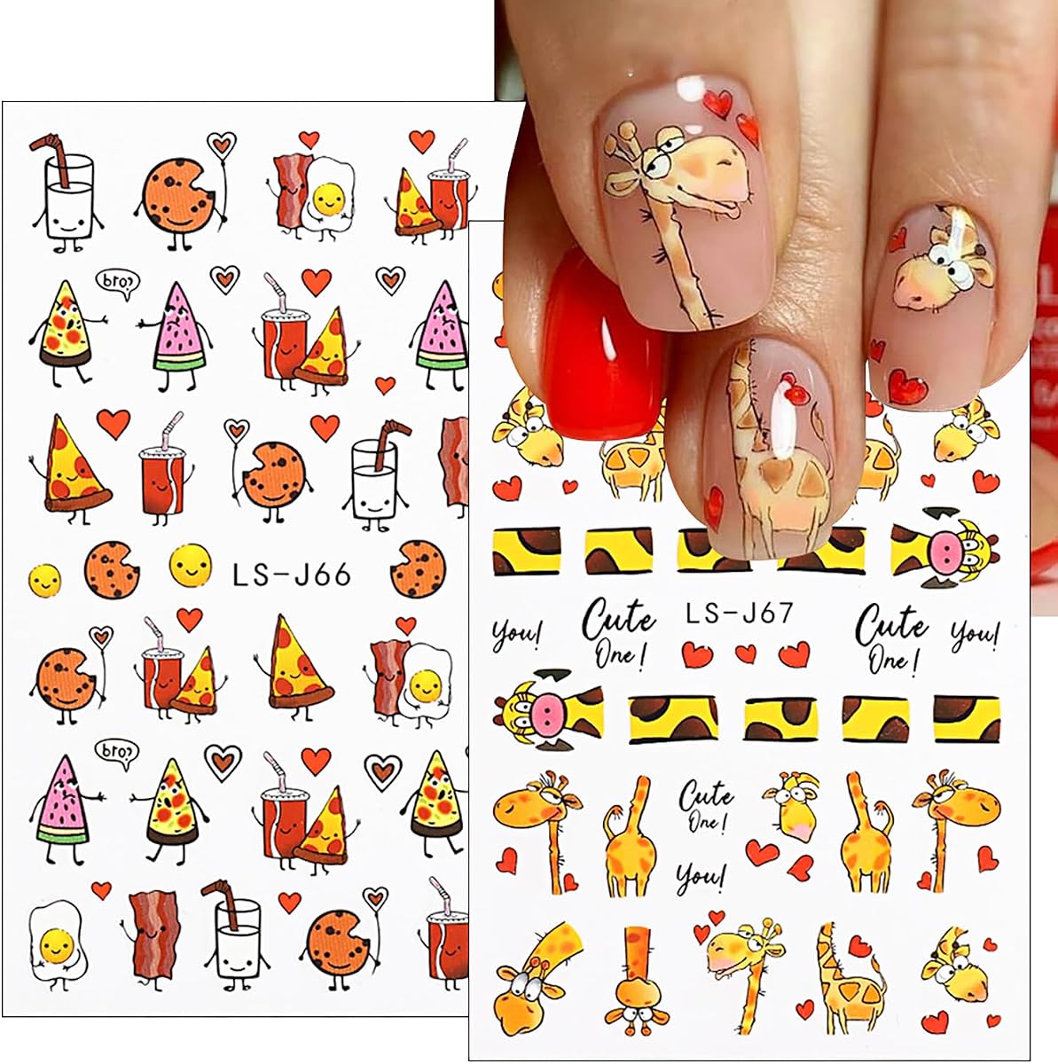 Cartoon Nail Art Adhesive Sticker 3D Self-Adhesive Nail Decals Art Design Holographic Ice Cream Pizza Giraffe Nail Art Sticker Decoration for Women Manicure Tips Acrylic Nails DIY Nails Art Supplies