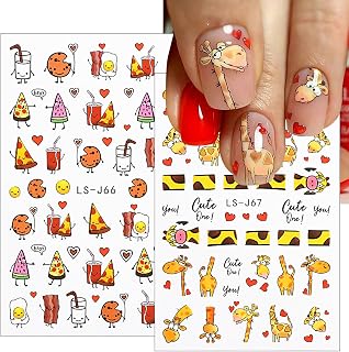 Cartoon Nail Art Adhesive Sticker 3D Self-Adhesive Nail Decals Art Design Holographic Ice Cream Pizza Giraffe Nail Art Sticker Decoration for Women Manicure Tips Acrylic Nails DIY Nails Art Supplies