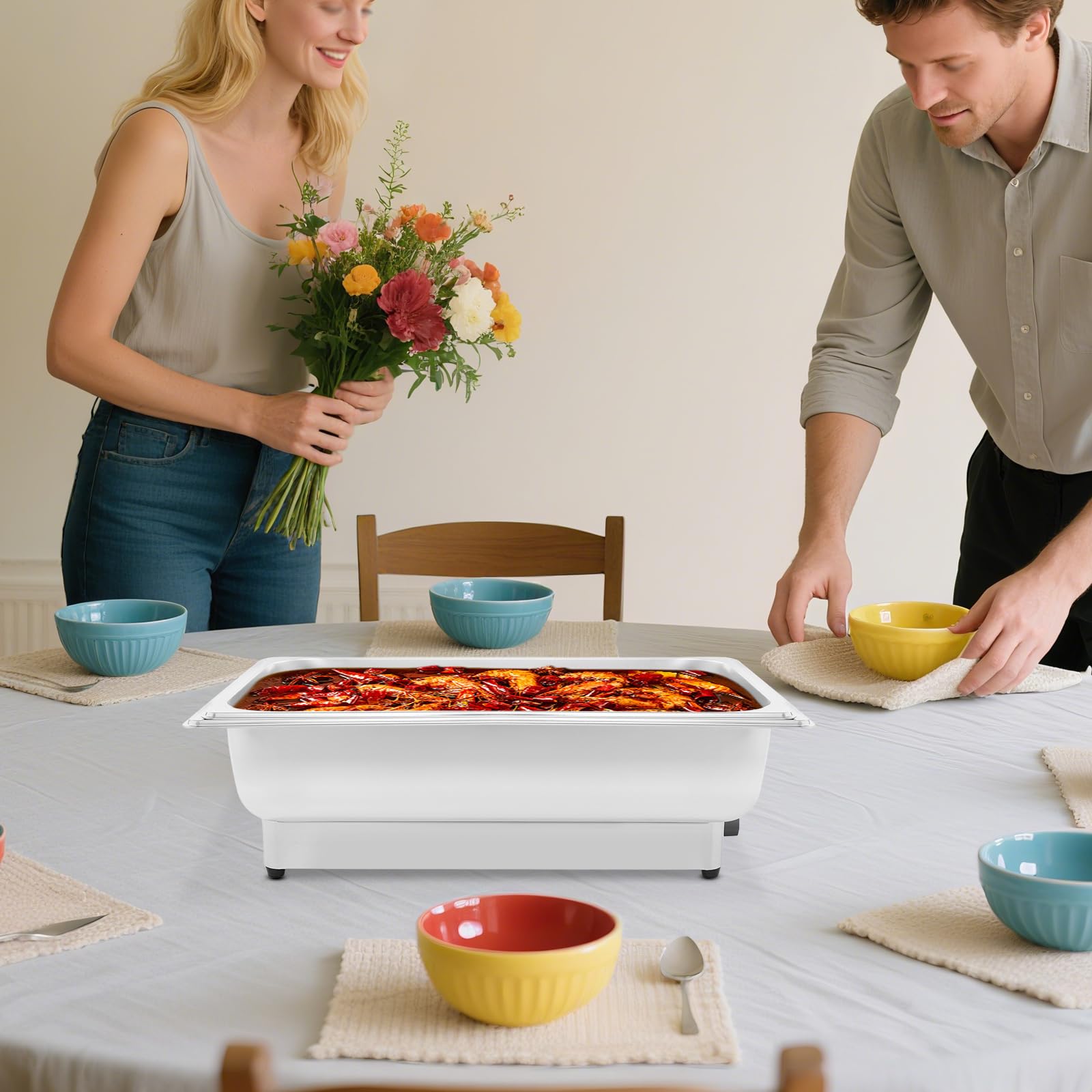 Chafing Dish elettrico in acciaio inox, 13,5 l, con regolatore di temperatura, 600 W, scaldavivande fino a 85 °C, serbatoio elettrico per buffet catering party (1 vano, 13,5 L)