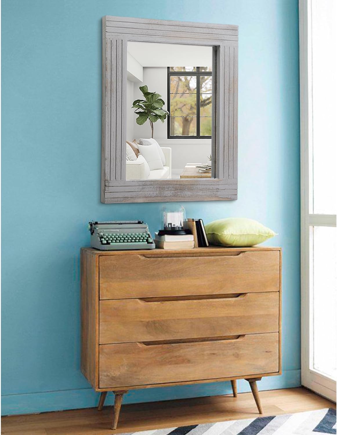 Rustic Mirror Wooden Frame Rectangular Antique Wall Mirror Decor Farmhouse Bedroom Dresser Bedroom Entryway Mirror Large Light Gray 20"x16"