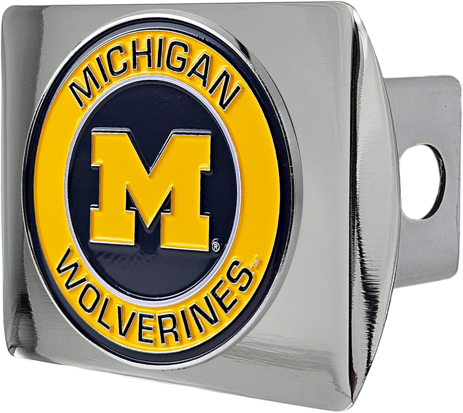 University of Michigan Wolverines Chrome Metal Hitch Cover with 3D Color Team Logo by FANMATS - Round Molded Design – Easy Installation on Truck, SUV, Car - Ideal Gift for NCAA College Fan/Student