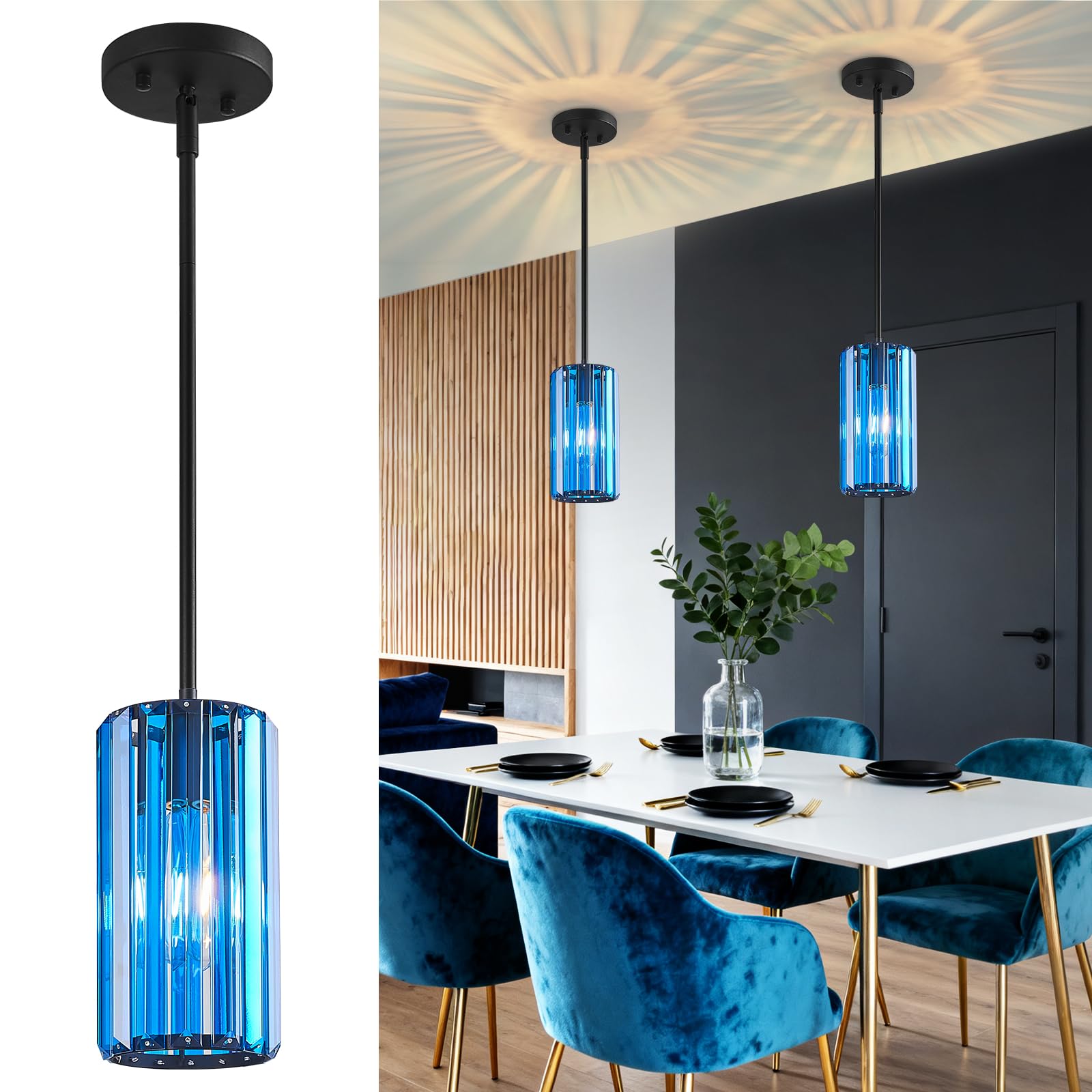 Modern Crystal Pendant Light Mini Dark Blue Chandeliers Adjustable Pendant Lights Fixture for Kitchen Island Dinning Room Corridor Bedroom(Dark Blue 2-Pack