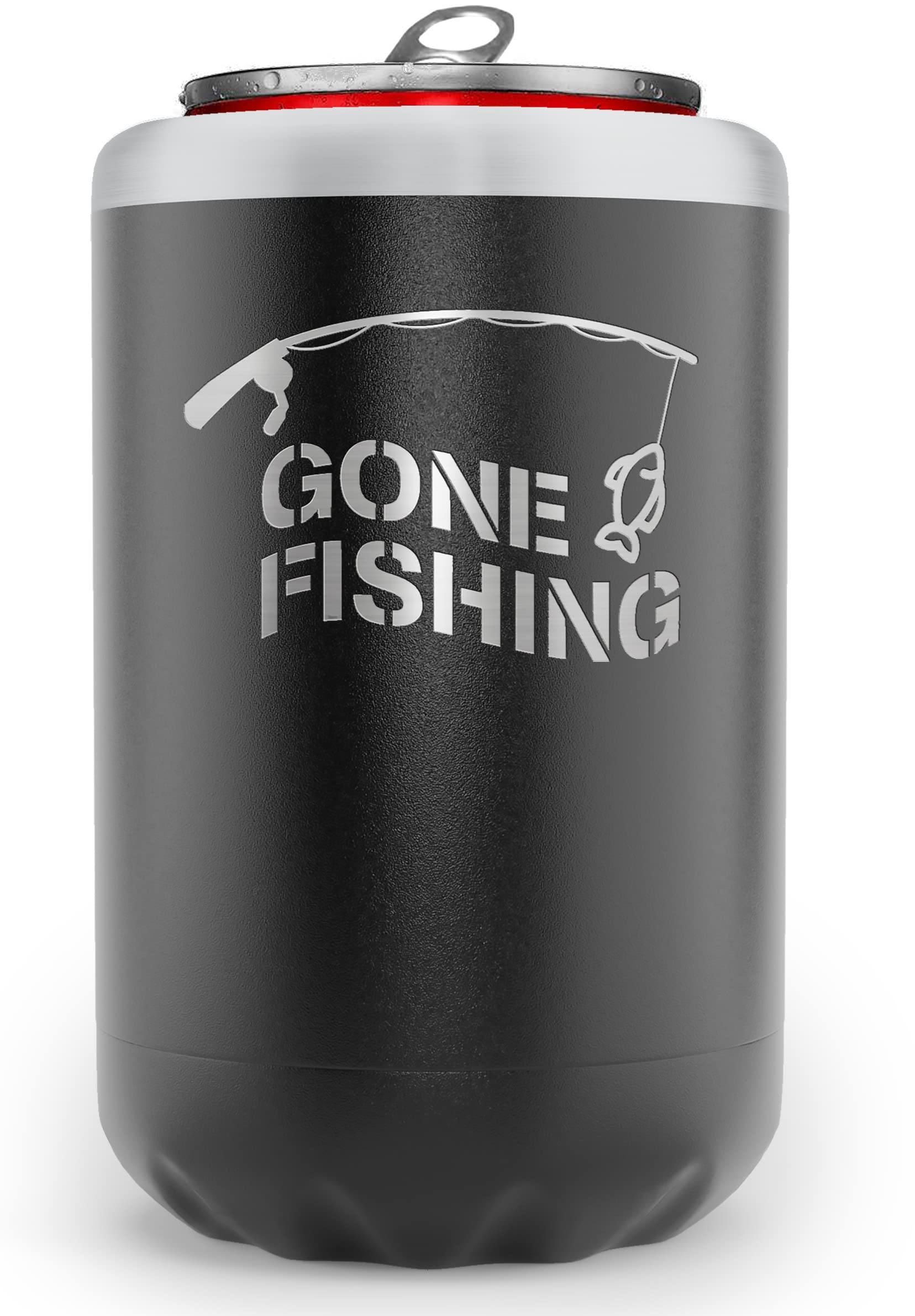 Fishing Beer Can Holder - Double Wall Vacuum Insulated Can Cooler, Powder Coated Stainless Steel "Gone Fishing"