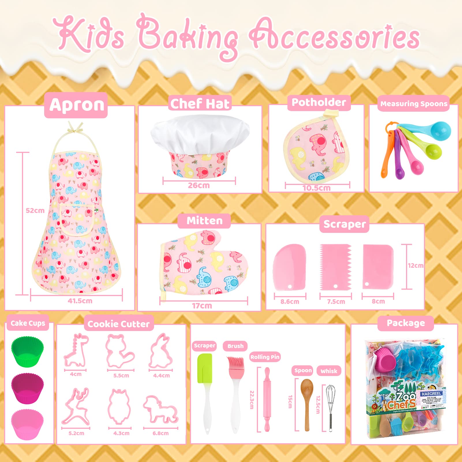 KAEGREEL Kids Baking Chef Set including Elephant Apron, 26pcs Kitchen Toys Kid Cooking Set including Chef Hat Spoons Whisk - Image 2