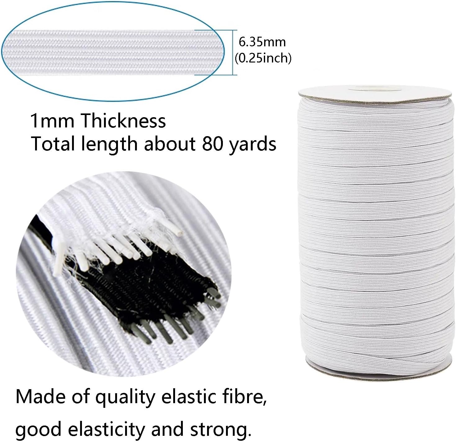 160 Yards Elastic Band 1/4 inch Wide White Elastic Strap High Elastic Cord for Sewing Waistband and Pants Waist, 2 Rolls, 80 Yards/Roll