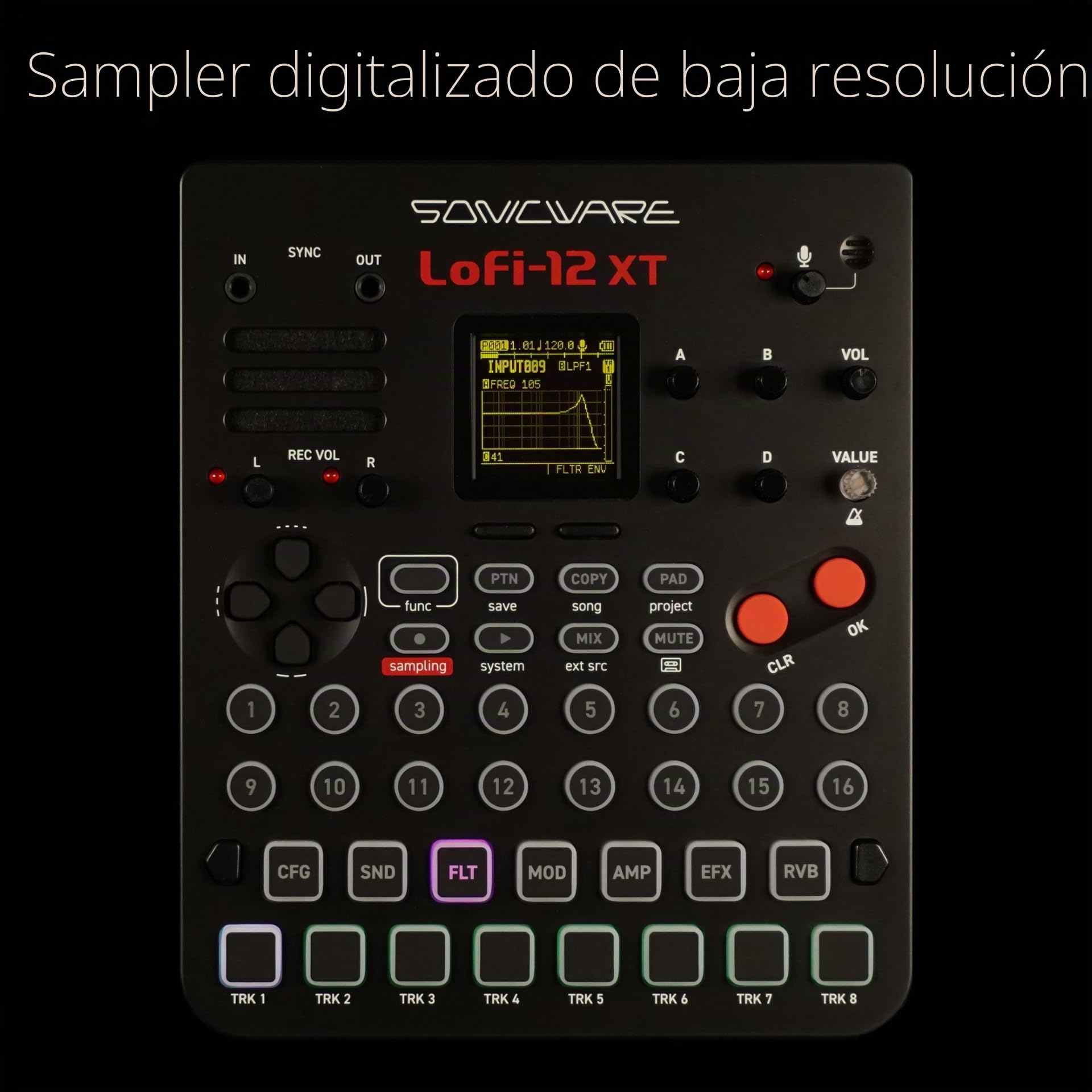 Sonicware Lofi-12 XT [Lo-fi Groovebox & Sampler] Muestreo retro con modo sampler de 12 bits, secuenciador por pasos de 8 pistas, 26 efectos, 15 pads sensibles a la velocidad con LED RGB