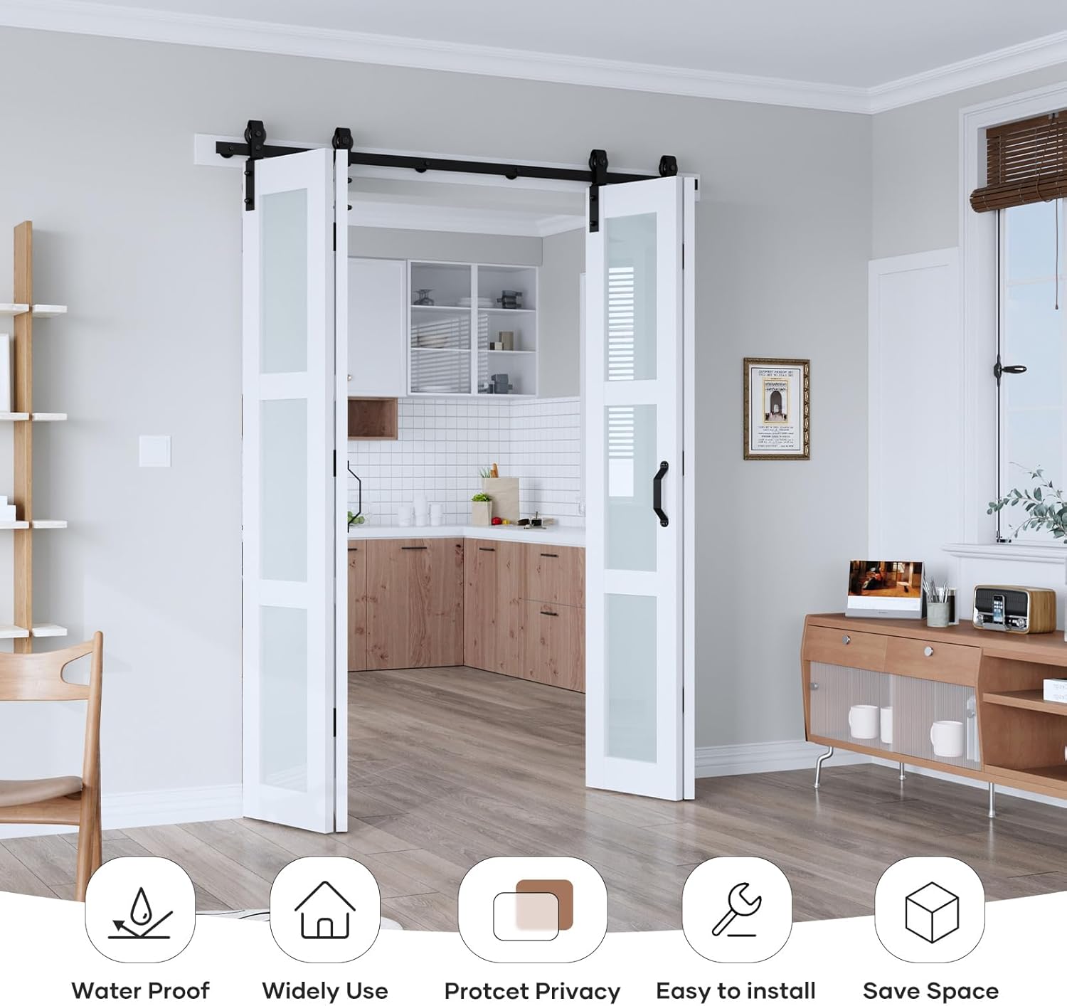 EaseLife 60"x 84" (Four 15" x 84" Doors) Bifold Barn Door, Bifold Sliding Barn Door with Hardware Kit, Solid MDF Wood Slab Covered with Water-Proof PVC Surface, Frosted Glass Panel, Assembly Required