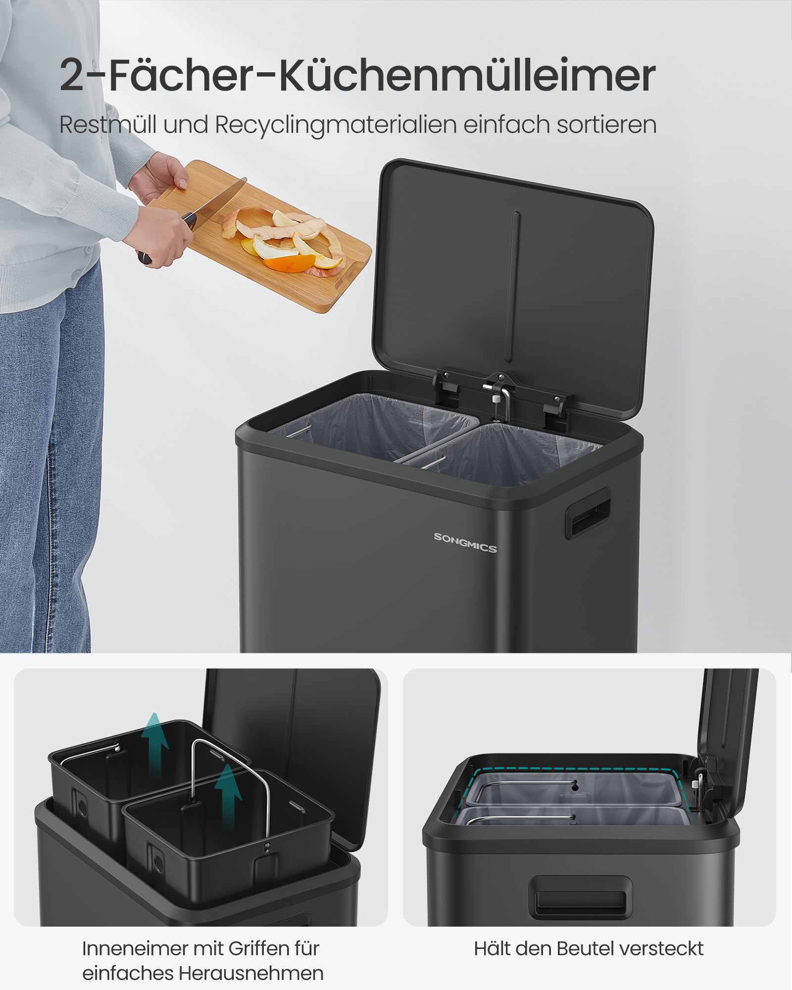 SONGMICS Mülleimer Küche, Mülltrennsystem 2 x 15 L, 2 Fächer für Recycling und Restmüll, Abfalleimer, Inneneimer, Stahl, Softclose-Deckel, breites robustes Pedal, tintenschwarz LTB544B02