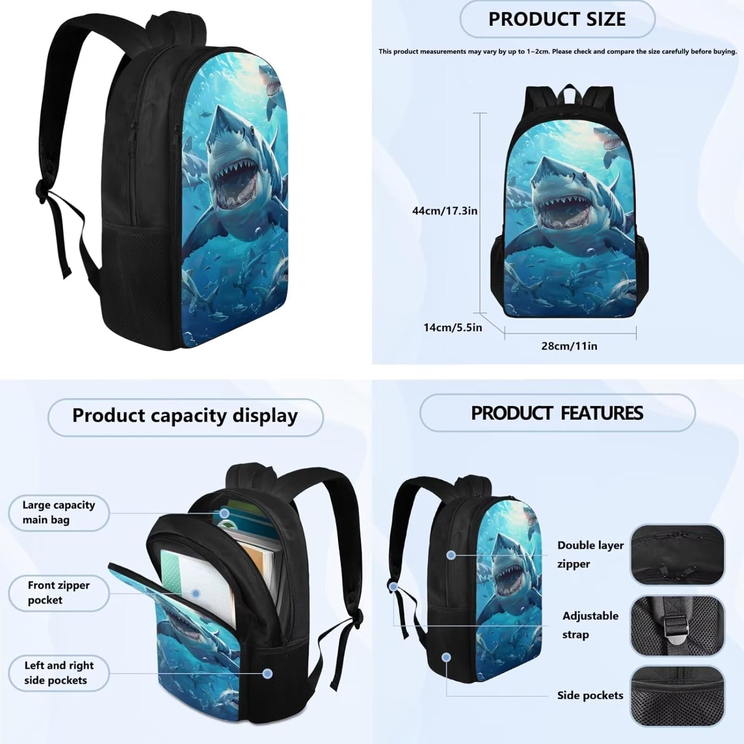 Shark Backpack for Boys Kids Backpack with Lunch Box Water Bottle Bag and Cute Pencil Case 4PCS Set Bookbag with Compartments for School Teens 17 inch Large Capacity School Bag for Girls