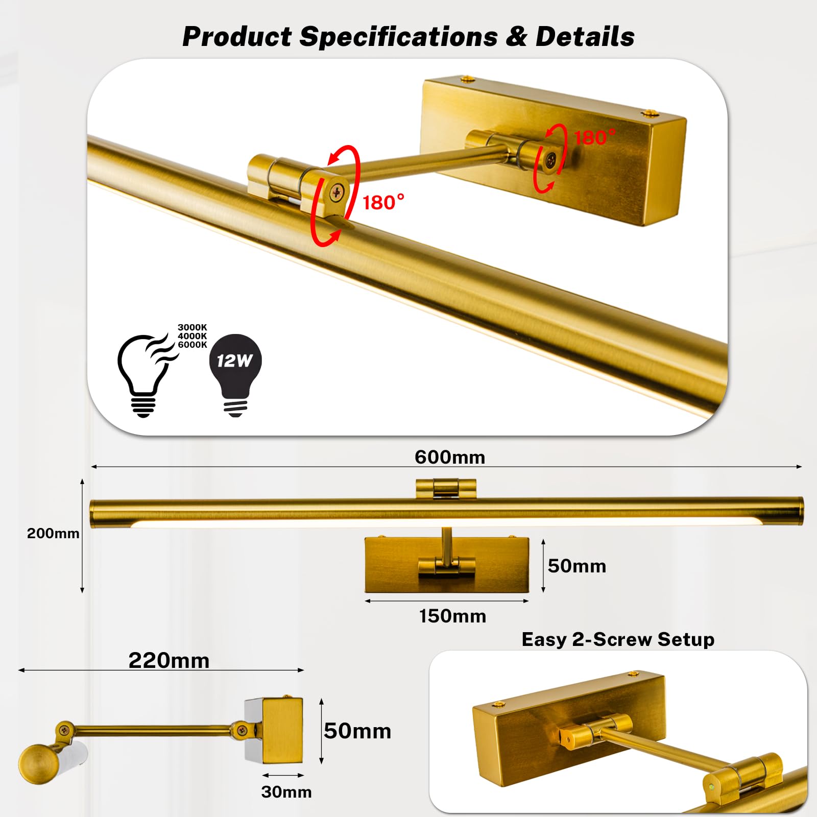 Lampada a LED per specchio da bagno, 3 temperature di colore, applique da parete sopra lo specchio, 60cm, 12 W, IP44, 650 lumen, oro, illuminazione moderna per specchio, lampada da parete per specchio