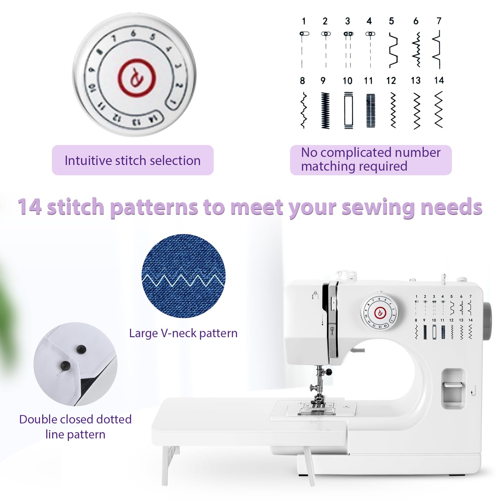 Máquina de Coser Profesional y Portátil con Mesa de Extensión - 14 Programas de Costura y 64 Carretes de Colores para Principiantes (A)