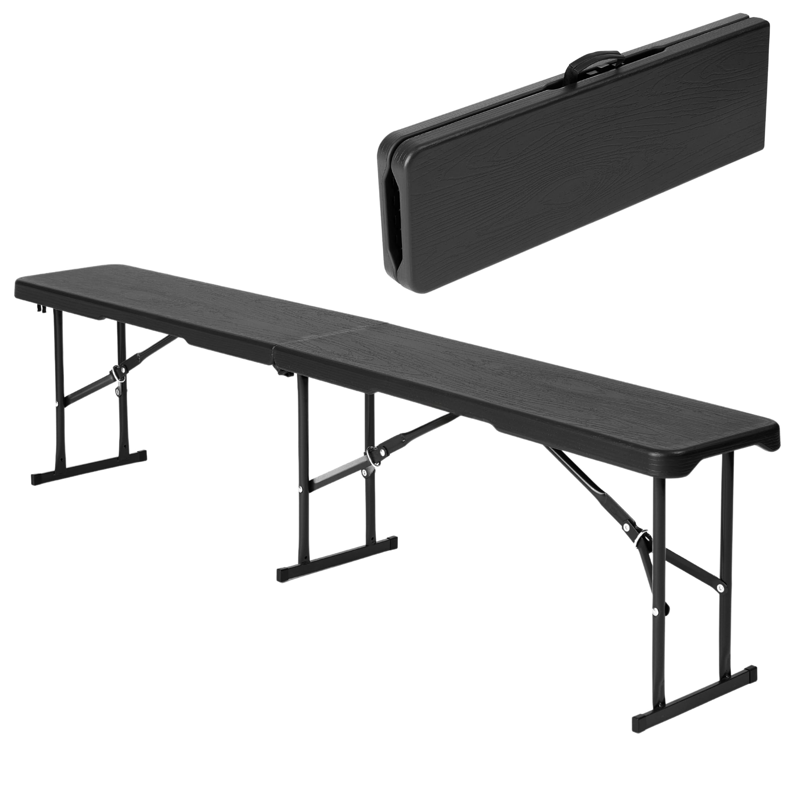NOVECRAFTO Durable 6ft Folding Bench Seat - 2 Pack - Portable Black Plastic Benches with Carry Handles - Perfect for Garden, Picnic, Party, and Camping - L 70.87'' x W 11.02'' x H 16.93''