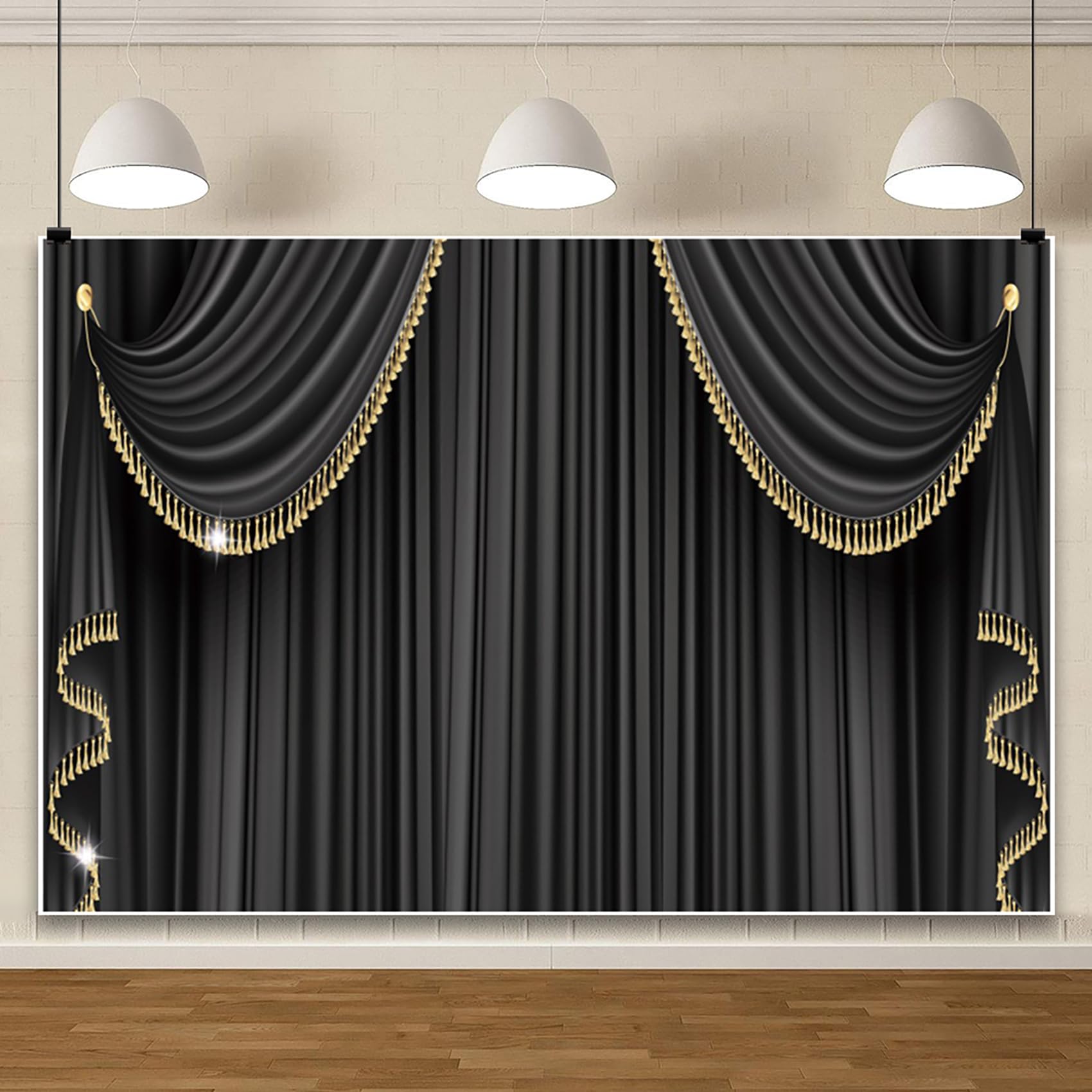 AOFOTO 7x5ft Theater Stage Backdrop Black Gold Curtains Photo Background Wedding Birthday Holiday Celebration Decoration Background Drama Performance