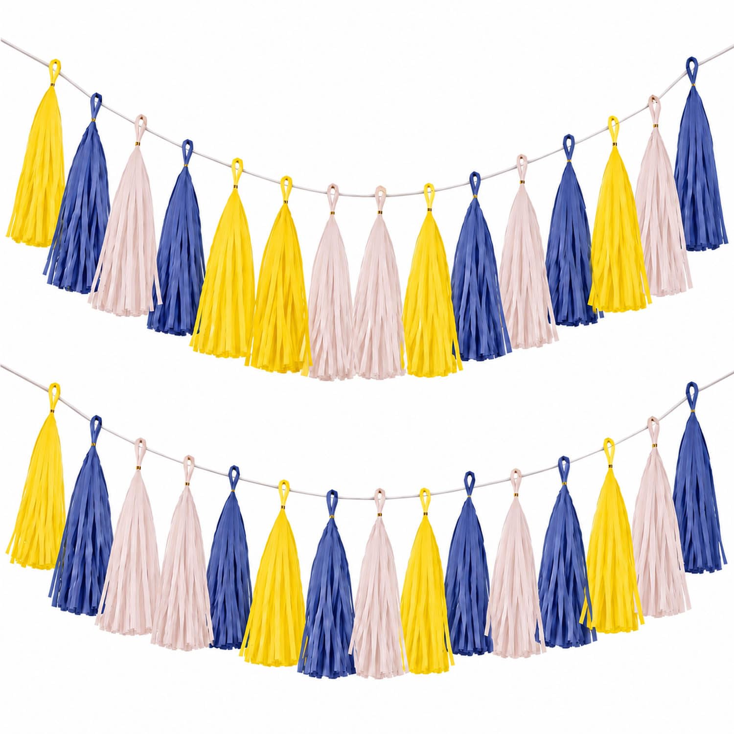 Yellow White & Blue Paper Tassels Garland Banner - Handmade Tassel Decor for Party, Wedding Backdrop, DIY Crafts (30-Pack)