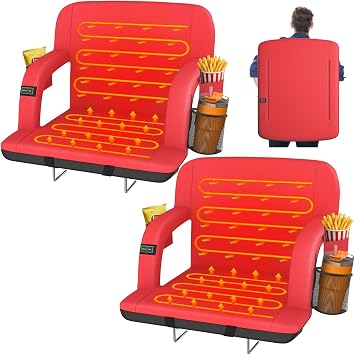 HOPERAN 25in Heated Stadium Seats for Bleachers, Dual Control, 2 PCS, Red | Independent Seat & Back 3 Level Heat NO Battery, Soft Cushion, 6 Recliner, Anti-Slip, Side Pockets, Backpack Straps