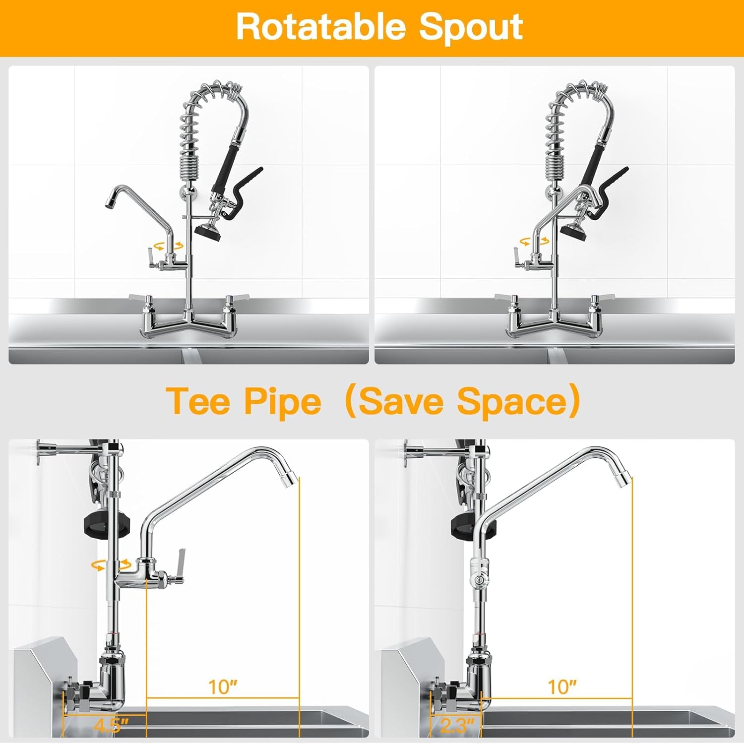Commercial Sink Faucet with Sprayer 25" Height 8" Adjustable Center 10" Swing Spout,Brass Constructed Wall Mount Commercial Faucet with Pull Down Pre-Rinse Sprayer for 1/2 Compartment Sink（25"）
