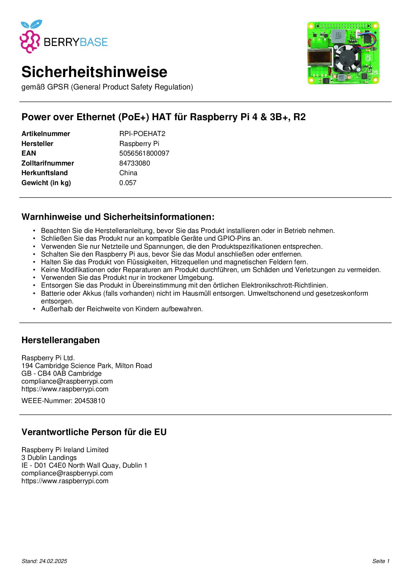 Raspberry Pi Raspberry Pi PoE+ HAT pour alimentation Ethernet