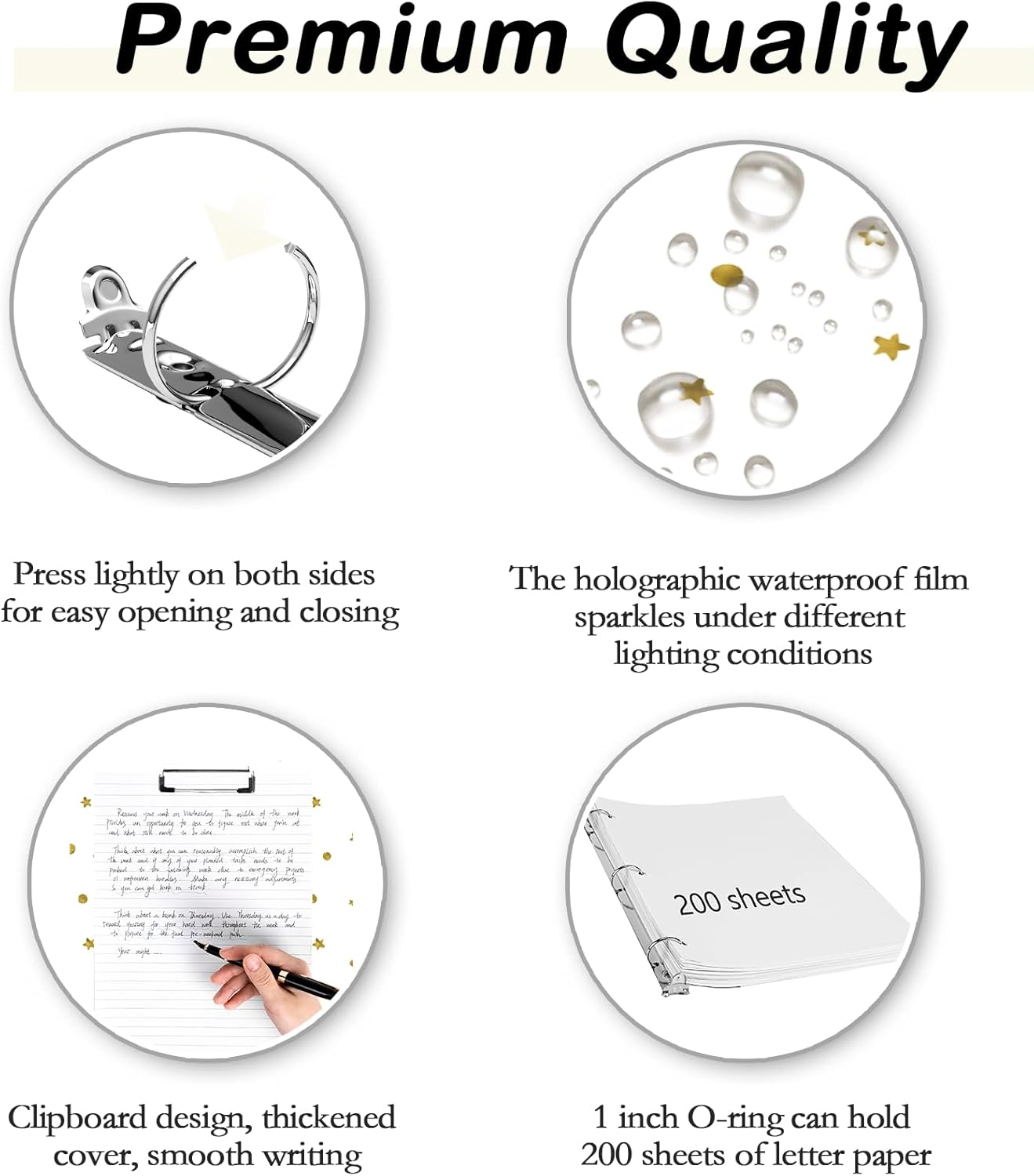3 Ring Binder 1 inch with Clipboard - White with Gold Dots & Stars Design, Includes Dividers, File Bag & Spine Label - Glamorous and Functional for Any Setting, Holographic Waterproof Film