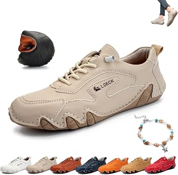 Women's Italian Handmade Leather Sneakers, Outdoor Soft Soled Non Slip Waterproof Casual Lightweight Breathable Walking Beck Shoes for Hiking Trailing Camping & Driving Color Beige, Size 39 EU