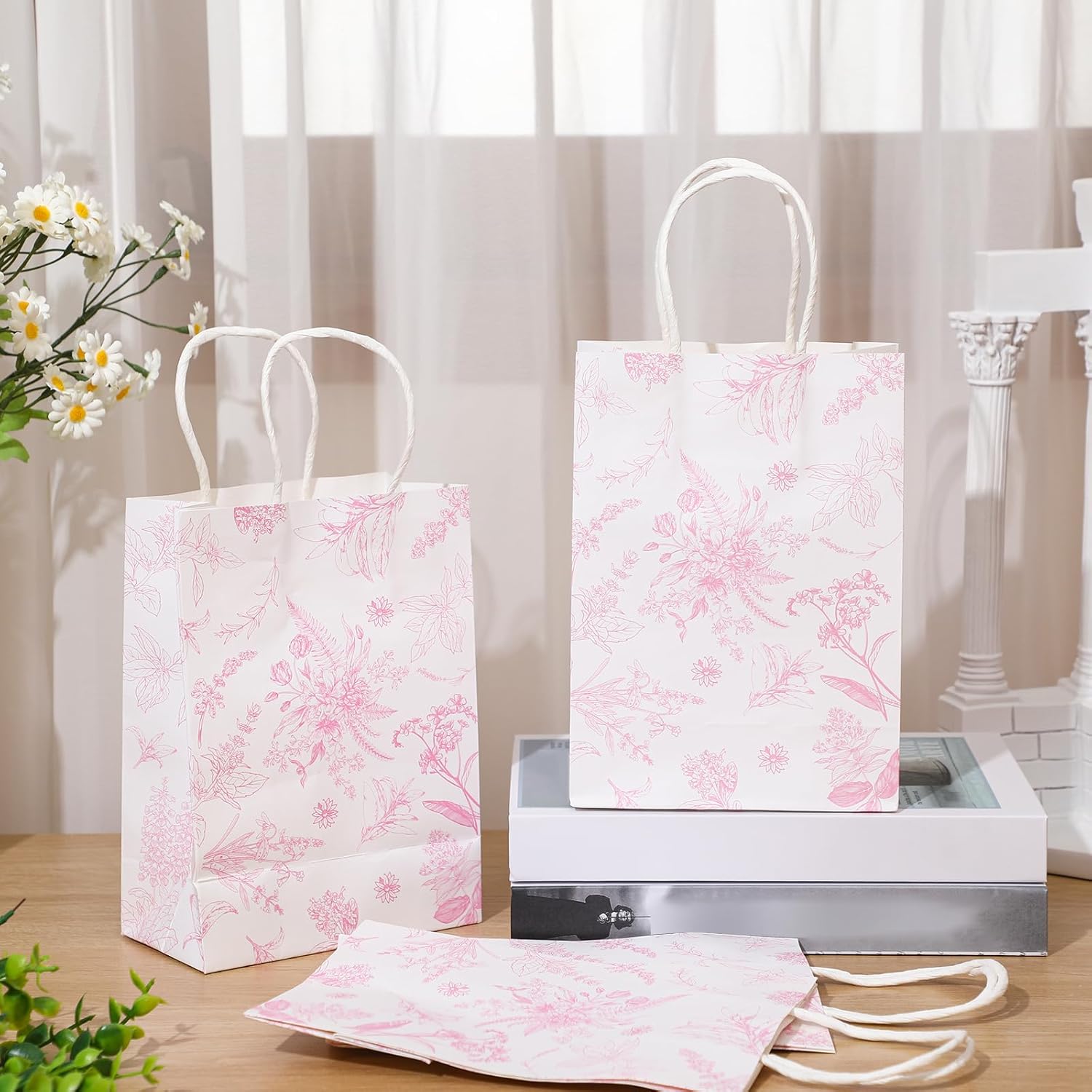 Gueevin 24 Pcs Pink Floral Gift Bags Bulk Flower Party Small Paper Bags with Handles Decorative Packaging Goodie Candy Treat Pouches for Wedding Birthday Tea Party, 5.9 x 8.3 x 3.1 Inch - Image 3