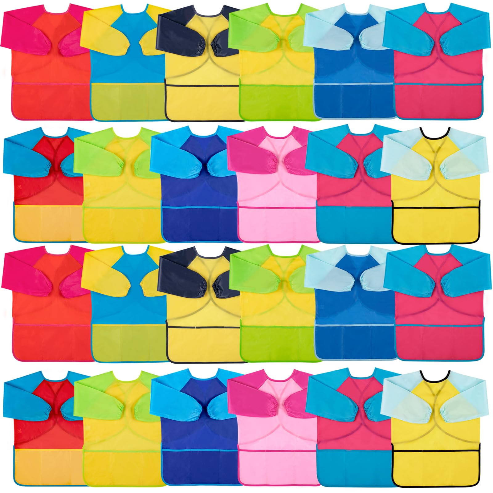 Confezione da 24 grembiuli per bambini resistenti all'acqua, con maniche lunghe, 3 tasche, per bambini dai 2 agli 8 anni, per artigianato, pittura, cottura al forno, cucina (12 colori)