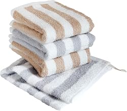 Hiorie Hand Towels, Hotel Style Towels, Made in Japan, Set of 4, Thick Stripe, Mocha + Gray, Instant Absorption
