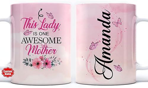 PREZZY Taza de café con texto en inglés "This Lady Is One Awesome Mother", regalo para mujeres, mamá, abuela, Gigi Mamá, tazas de viaje divertidas