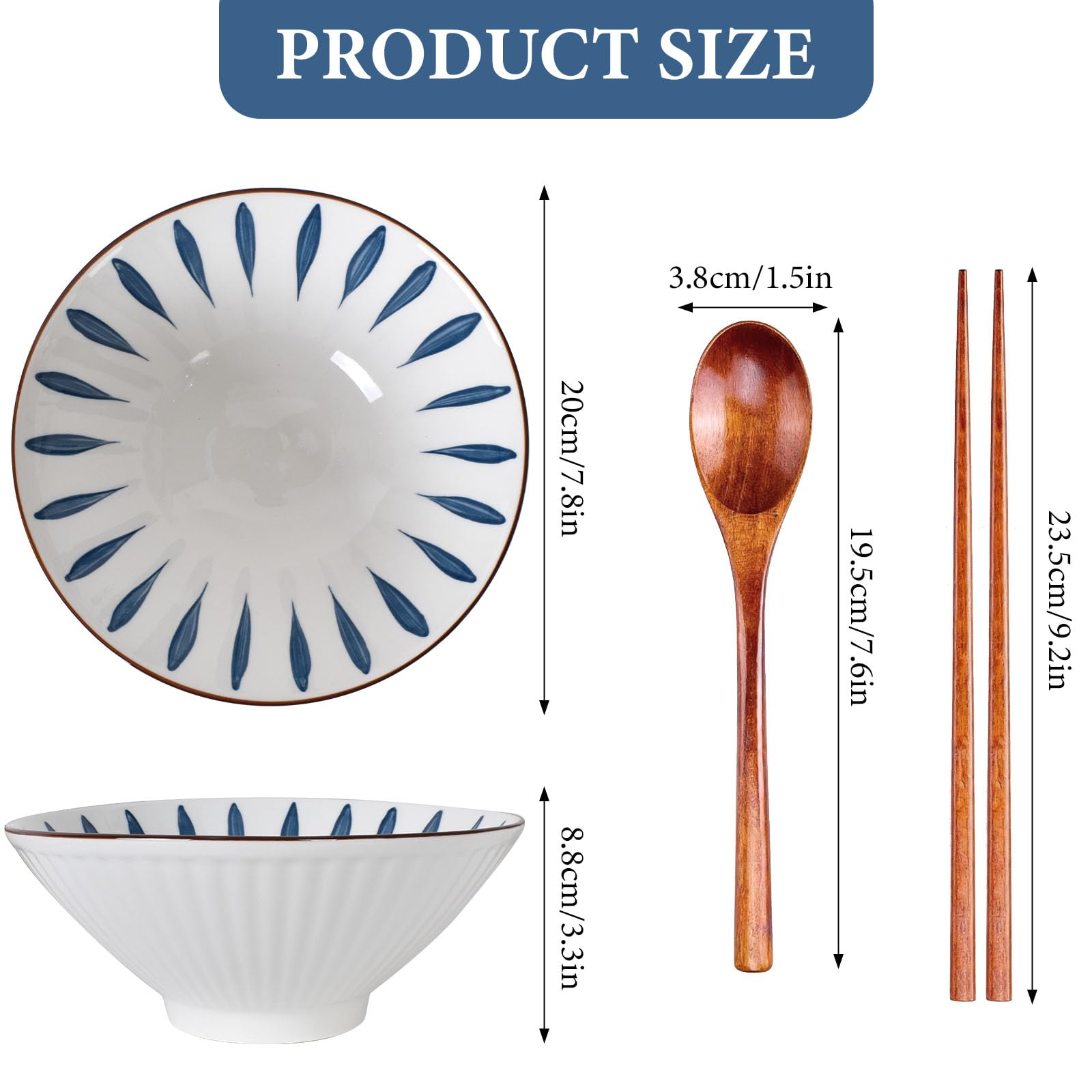 Lot de 2 Bols à Ramen en Céramique de 1200ml avec Baguettes et Cuillères, Bol Japonais vintage, 20 x 20 x 8.5cm Bol en Céramique pour Ramen, Salade, Céréales, Pâtes (Bleu)