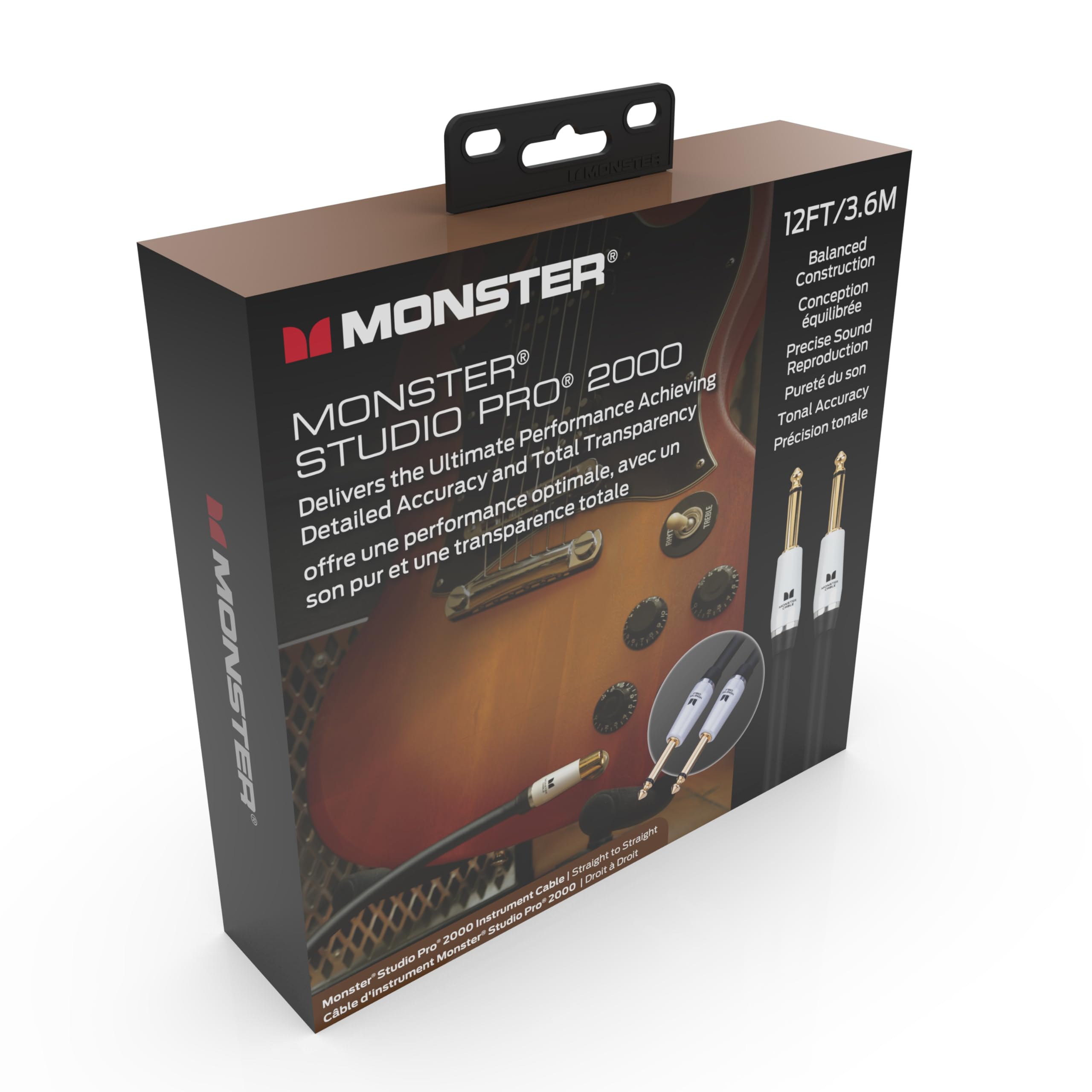 Monster Prolink Studio Pro 2000 - Cavo per strumenti da 3,7 m dritto a dritto, corda per chitarra elettrica intrecciata in rame 95%, rivestimento protettivo Duraflex con contatti in oro 24k