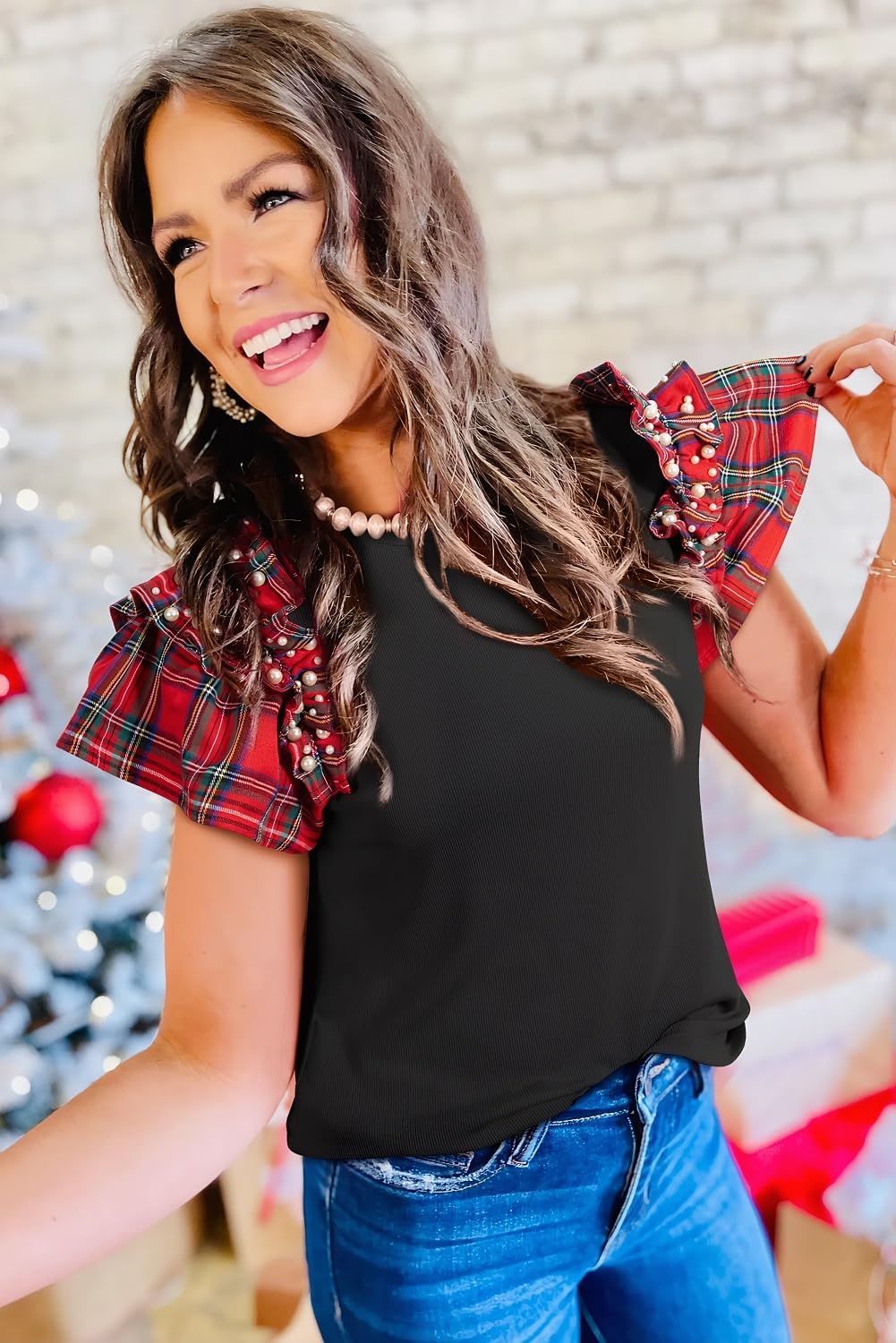 KevaMolly Womens Halloween Christmas T Shirts Plaid Pearl Ruffle Short Sleeve Loose T Shirt Casual Tunic Tops - Image 2