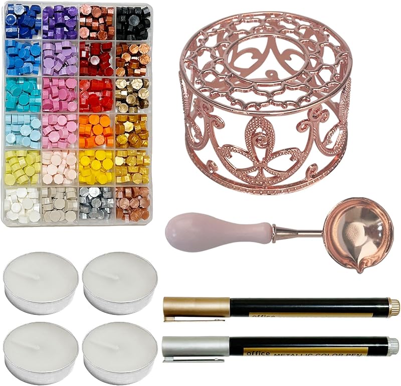 Sealing Wax Kit, Wax Seal Warmer with 24 Colors 600pcs Beads, Spoon and Metallic Pen, for Spring Gift and Decoration