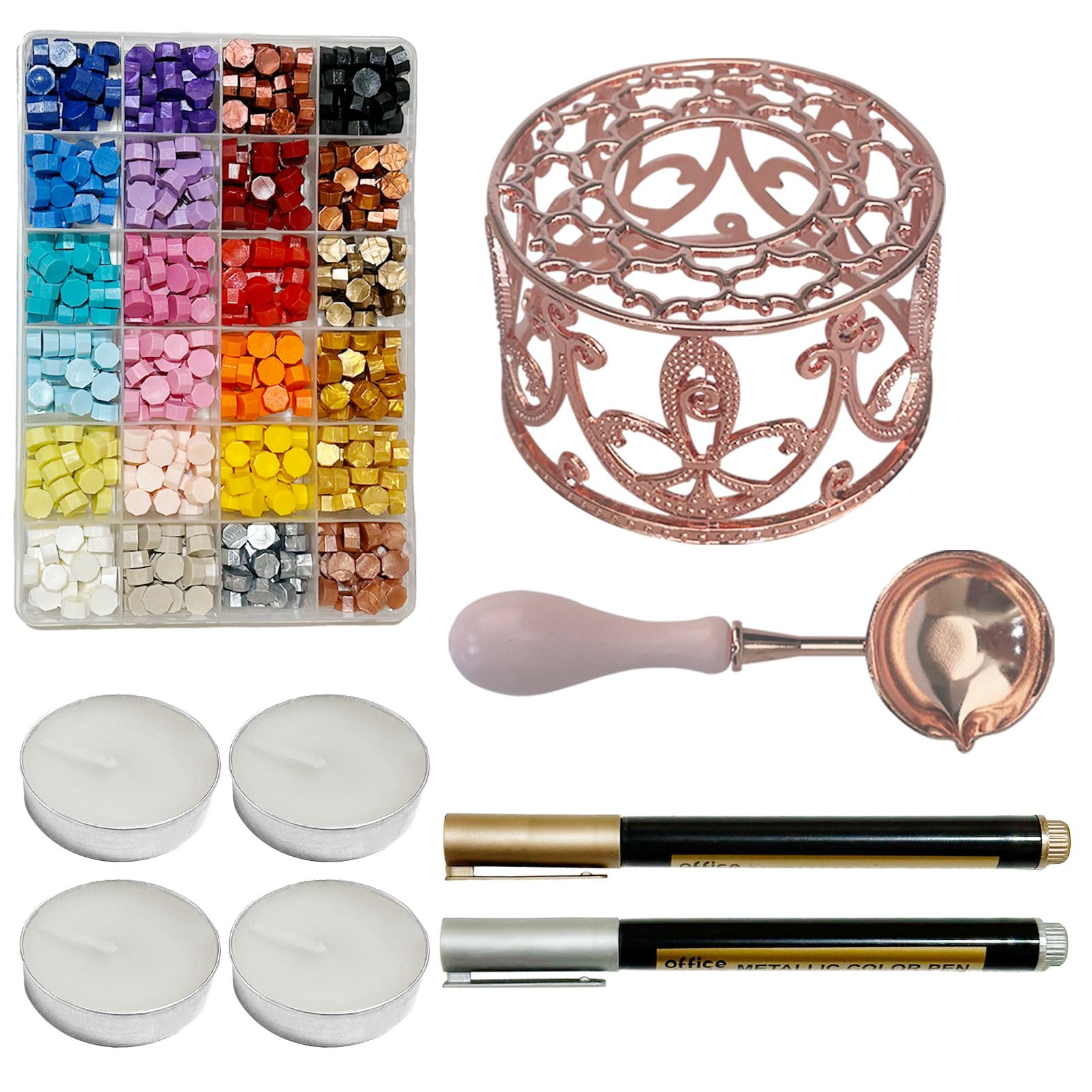 Sealing Wax Kit, Wax Seal Warmer with 24 Colors 600pcs Beads, Spoon and Metallic Pen, for Spring Gift and Decoration