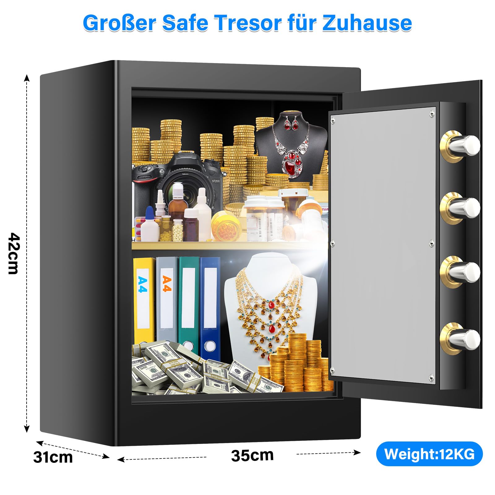 45L Großer Feuerfester Tresor Safe mit Feuersichere Dokumententasche, Digitaler Möbeltresore mit 2 Schlüssel & Herausnehmbarem Regal, Elektronischer Tresor für DIN A4 Ordner Bargeld Medikamente