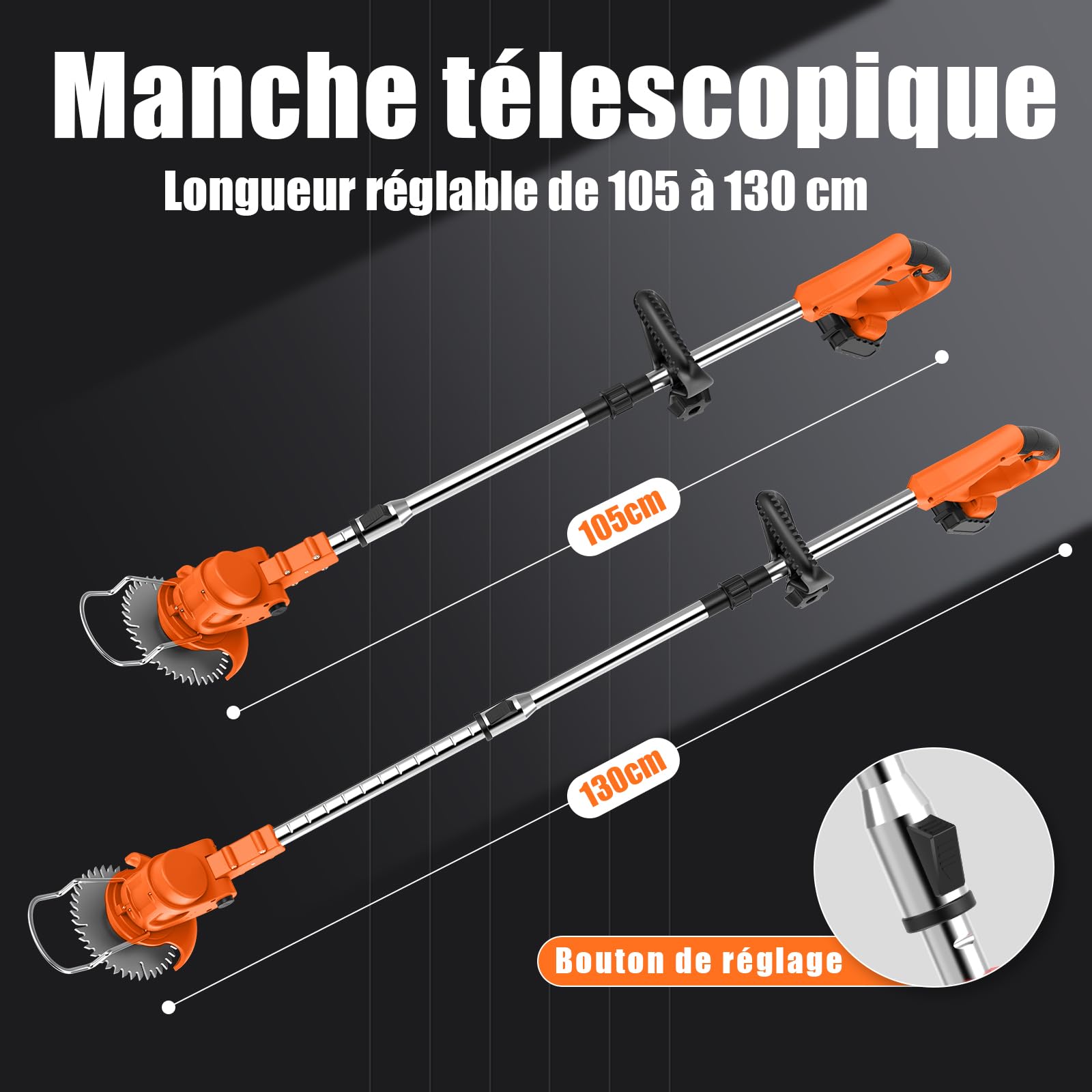Coupe Bordure sans Fil avec Batterie Pliable 60cm, Debroussailleuse Electrique 2 Batterie 21V, Manche Télescopique 105-130cm et 26 Lames pour Entretien de Pelouse et Finitions de Jardin (Orange Foncé)