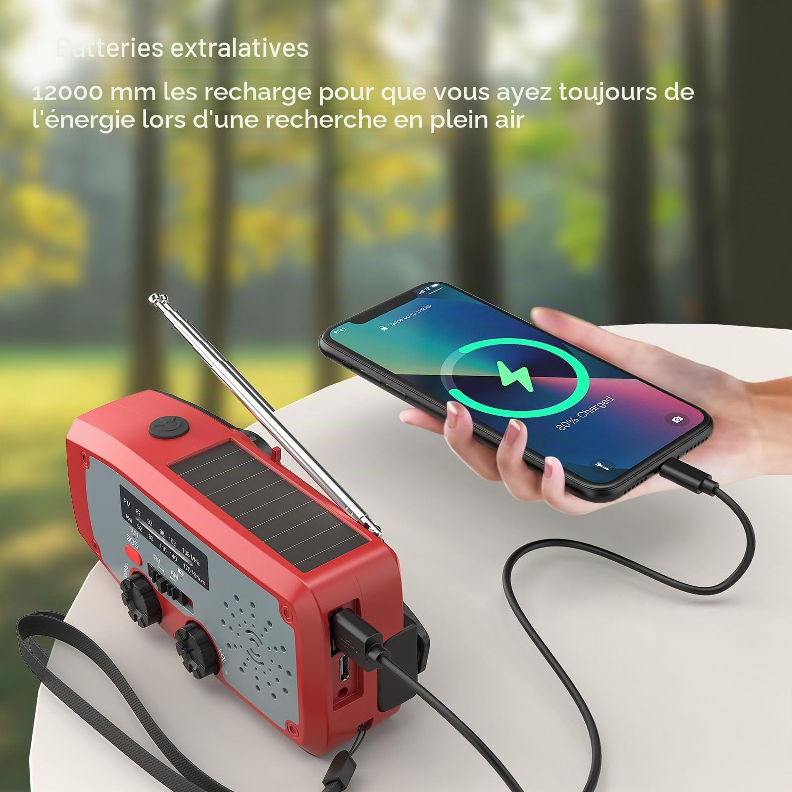 Radio Solaire d’Urgence, Radio à Manivelle Auto-alimentée avec Batterie Rechargeable 2000mAh, AM/FM Radio Solaire avec Lampe de Poche LED, Alarme SOS pour Camping Randonnée Survie, Rouge