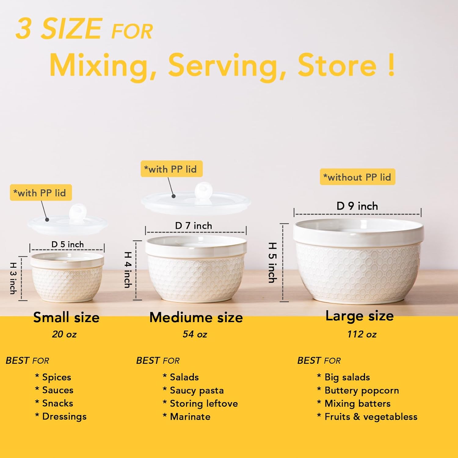 Ceramic Mixing Bowls 3-Piece: Nesting Ceramic Bowls with Lids - Microwave Safe for Kitchen Baking and Serving - Ideal for Home Bakers (White)