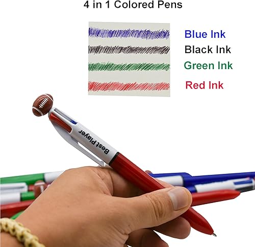 Miniatura 5 de Maydahui 12 bolígrafos de fútbol de rugby multicolor retráctiles 4 en 1, bolígrafos de colores geniales para deportes, 4 bolígrafos de colores para